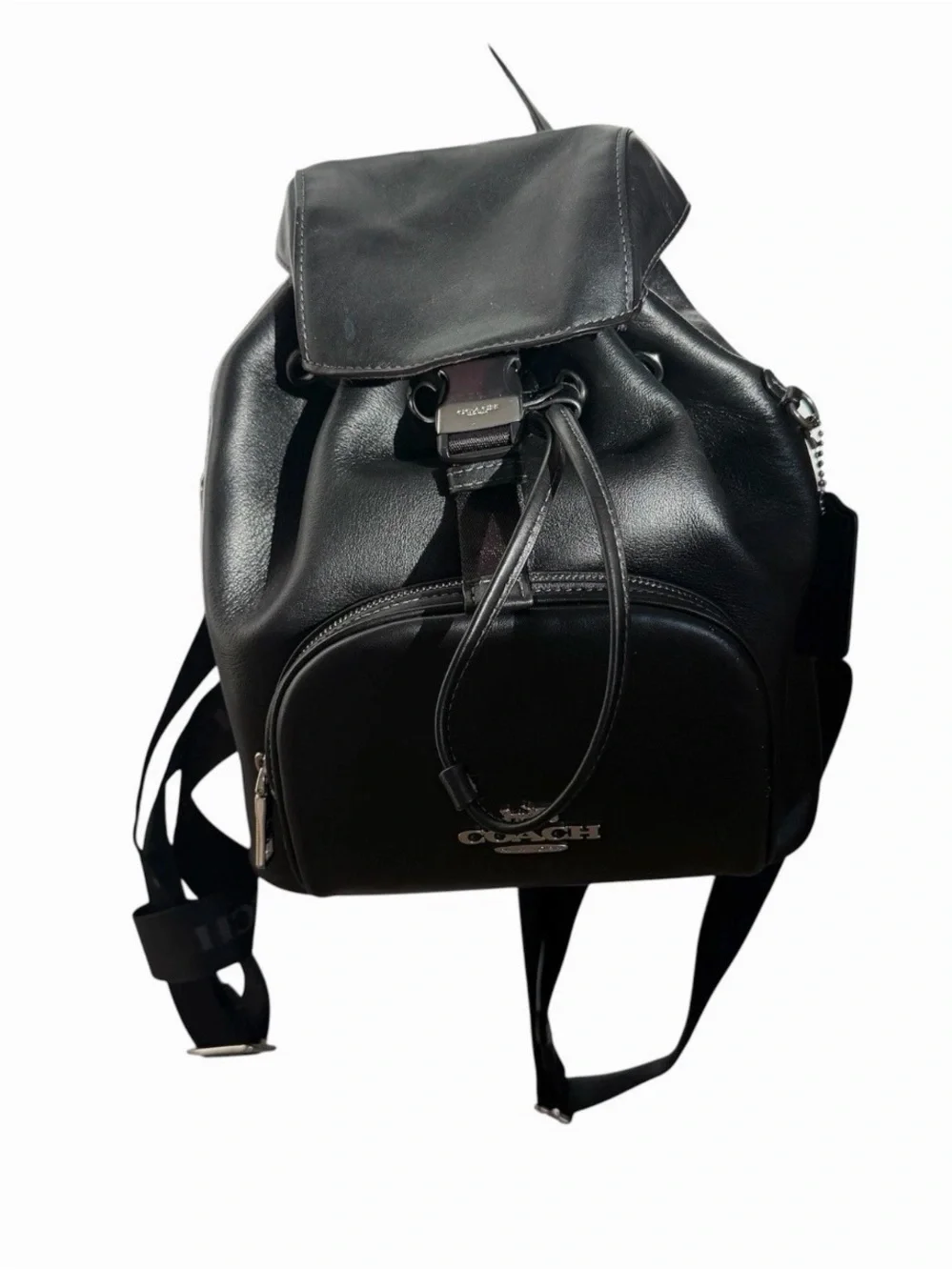 Coach Black Leather Drawstring Backpack with Front Zip Compartment